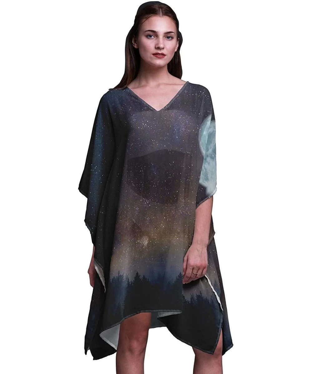 Cover-Ups Blue Full Moon Galaxy Ladies Kaftan Holiday Loungewear Midi Dress Beach Coverup - Medium Blue - CJ18NIULMIT