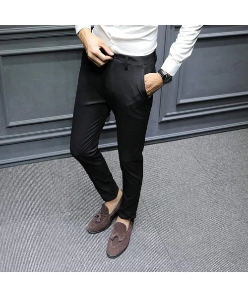 Rash Guards Men's Dress Pants Slim Fit Stretch Skinny Suit Pants Classic-Fit Flat Front Business Trousers - Black - CK192ZLUN9W