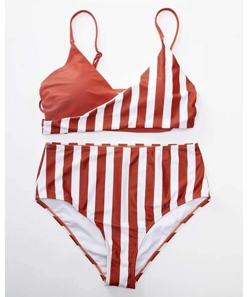 Sets Womens Sexy V Neck Wrap Bikini Strappy High Waisted Color Block Striped Cheeky Swimsuits - Red - CI1935OXG39