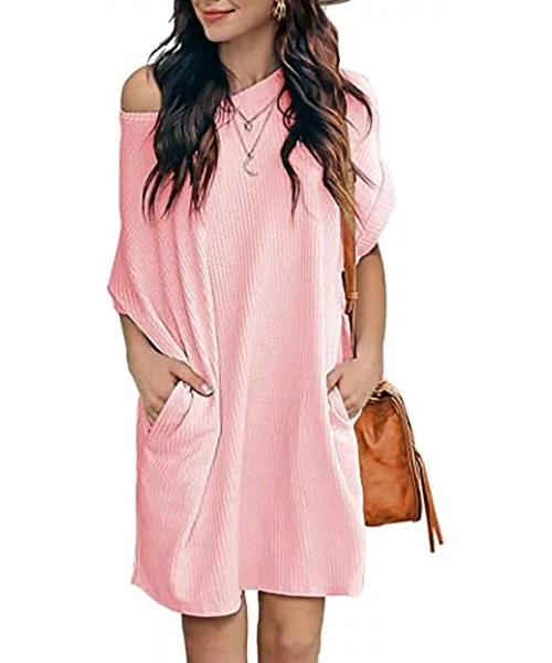 Cover-Ups Women Waffle Knit Tunic Dress Casual Summer Short Sleeve Loose Dresses Cover Up Beach Dresses with Pocket - Pink - ...