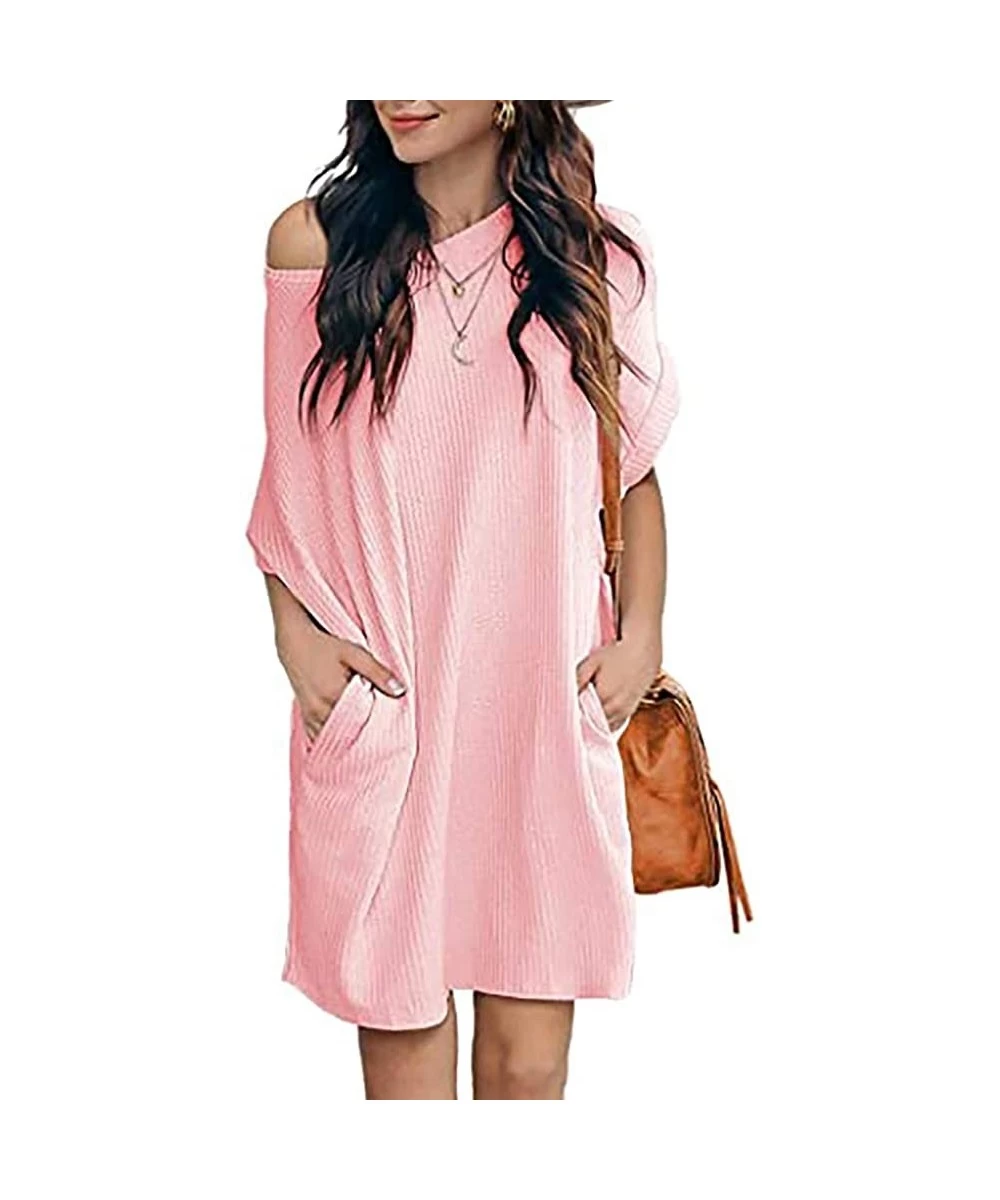 Cover-Ups Women Waffle Knit Tunic Dress Casual Summer Short Sleeve Loose Dresses Cover Up Beach Dresses with Pocket - Pink - ...