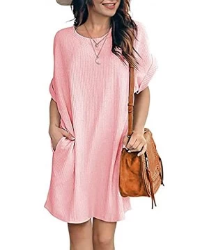 Cover-Ups Women Waffle Knit Tunic Dress Casual Summer Short Sleeve Loose Dresses Cover Up Beach Dresses with Pocket - Pink - ...