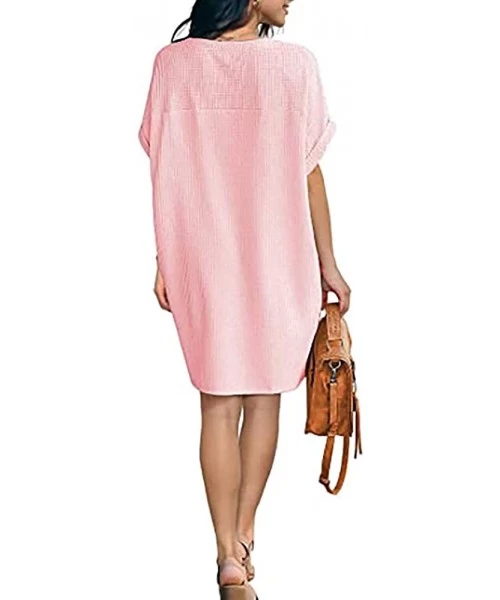 Cover-Ups Women Waffle Knit Tunic Dress Casual Summer Short Sleeve Loose Dresses Cover Up Beach Dresses with Pocket - Pink - ...