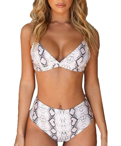 Sets Womens Sexy V Neck High Waist Triangle Cut Two Piece Bikini Sets Swimsuit - Snake Prined - C118M4O39U8