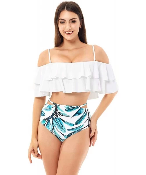 Sets High Waisted Bathing Suit for Women Ruffle Off Shoulder Swimsuit Flounce Bikini Tummy Control Off Shoulder white - CY18R...