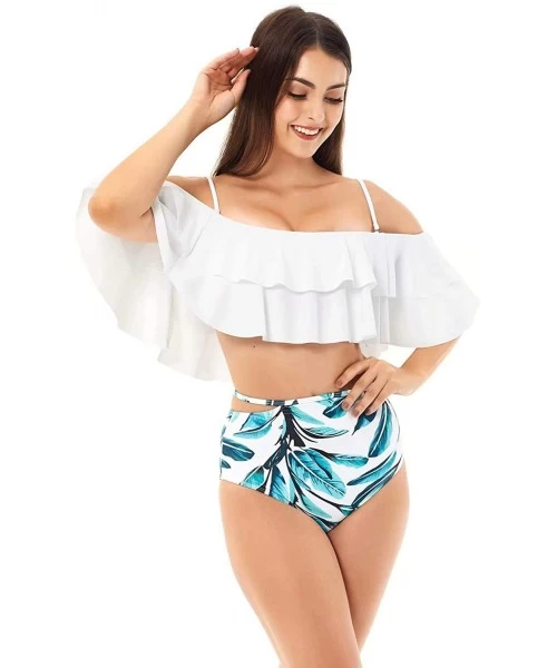 Sets High Waisted Bathing Suit for Women Ruffle Off Shoulder Swimsuit Flounce Bikini Tummy Control Off Shoulder white - CY18R...