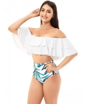 Sets High Waisted Bathing Suit for Women Ruffle Off Shoulder Swimsuit Flounce Bikini Tummy Control Off Shoulder white - CY18R...