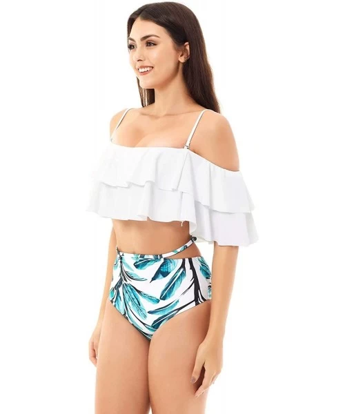 Sets High Waisted Bathing Suit for Women Ruffle Off Shoulder Swimsuit Flounce Bikini Tummy Control Off Shoulder white - CY18R...