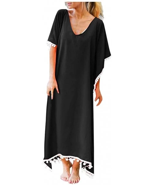 Cover-Ups Women's Summer Beach Solid Pom Pom Trim Loose Long Swimwear Cover Up Cardigan - Black - CV1905TXCGS