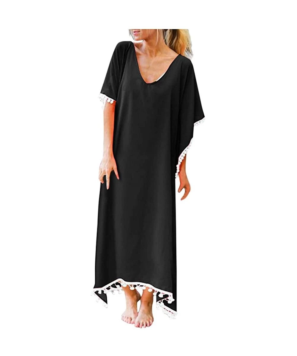 Cover-Ups Women's Summer Beach Solid Pom Pom Trim Loose Long Swimwear Cover Up Cardigan - Black - CV1905TXCGS