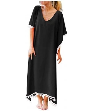 Cover-Ups Women's Summer Beach Solid Pom Pom Trim Loose Long Swimwear Cover Up Cardigan - Black - CV1905TXCGS