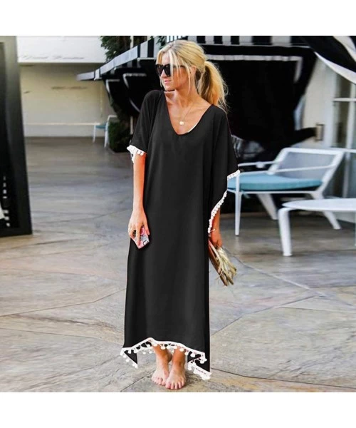 Cover-Ups Women's Summer Beach Solid Pom Pom Trim Loose Long Swimwear Cover Up Cardigan - Black - CV1905TXCGS