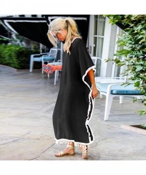 Cover-Ups Women's Summer Beach Solid Pom Pom Trim Loose Long Swimwear Cover Up Cardigan - Black - CV1905TXCGS