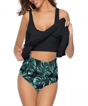 Tankinis Swimsuits for Women Two Piece Bathing Suits Ruffled Flounce Top with High Waisted Bottom Bikini Set 09black Leaf - C...