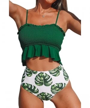 Sets Women's Smocked Green and Monstera Ruffled High Waisted Bikini - Green - CP18NWZ9DLX