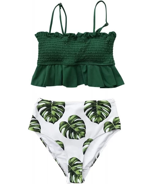 Sets Women's Smocked Green and Monstera Ruffled High Waisted Bikini - Green - CP18NWZ9DLX