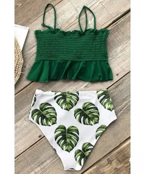 Sets Women's Smocked Green and Monstera Ruffled High Waisted Bikini - Green - CP18NWZ9DLX