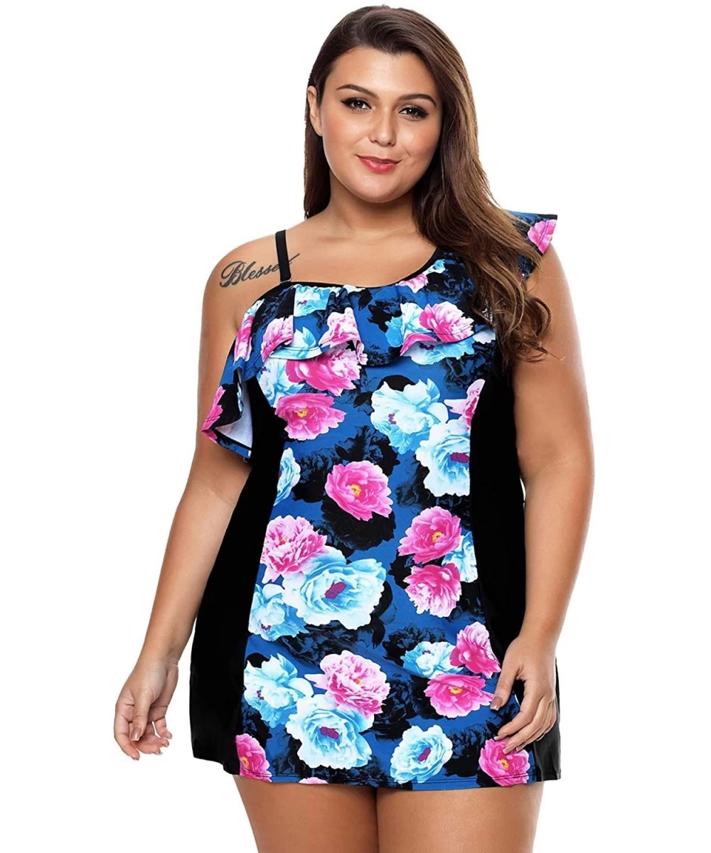 One-Pieces Women Plus Size Print Lace Up One Piece Tankini Swimdress Swimsuit M - XXXL - Floral Ruffle - C818X7HQRGX