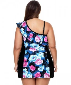 One-Pieces Women Plus Size Print Lace Up One Piece Tankini Swimdress Swimsuit M - XXXL - Floral Ruffle - C818X7HQRGX