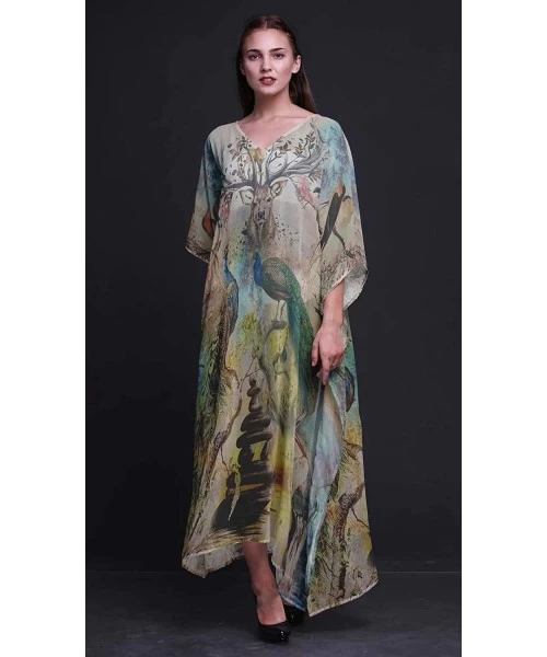 Cover-Ups Peacock Bird Ladies Kaftan Holiday Loungewear Maxi Dress Beach Coverup - Medium Yellow - CG18NCO0N35