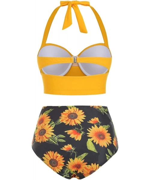 Sets Women Swimsuit Sunflower High Waisted Bottom Bathing Suits Two Piece Bikini Swimwear - Yellow - CF198AOK828