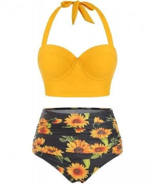 Sets Women Swimsuit Sunflower High Waisted Bottom Bathing Suits Two Piece Bikini Swimwear - Yellow - CF198AOK828