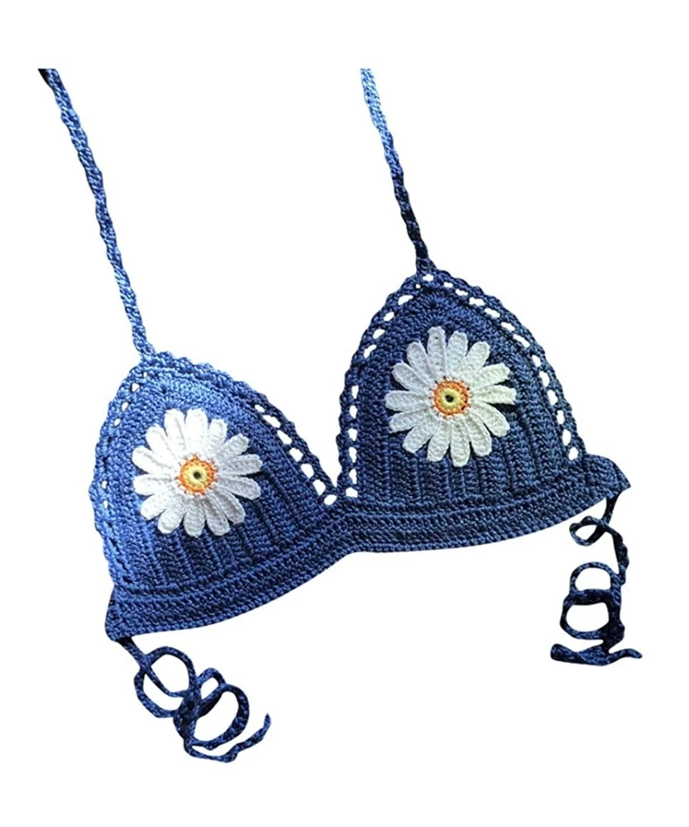 Sets Women Halter Sunflower Crochet Triangle Handmade Bikini Top Push Up Padded V-Neck Lace-Up Woven Swimsuit - Blue - CG194D...