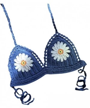 Sets Women Halter Sunflower Crochet Triangle Handmade Bikini Top Push Up Padded V-Neck Lace-Up Woven Swimsuit - Blue - CG194D...