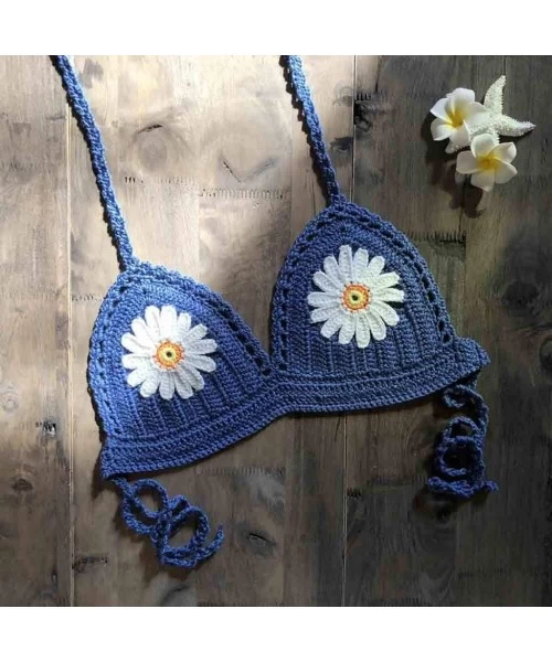 Sets Women Halter Sunflower Crochet Triangle Handmade Bikini Top Push Up Padded V-Neck Lace-Up Woven Swimsuit - Blue - CG194D...