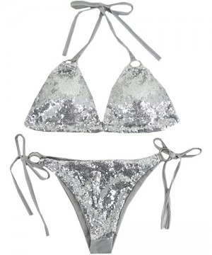 Sets Women's Triangle Bikini Set Sequin Sexy 2 Piece String Golden Ring Glitter Beachwear - Silver - CS17Z56Y6U0