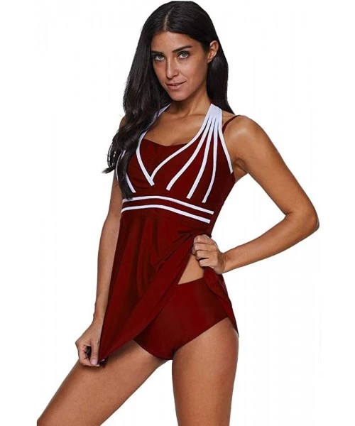 Board Shorts Womens Halter Swimdress Plus Size Two Piece Swimsuit Push Up Tankini Set - Some Wine - CX194UU8G5Z