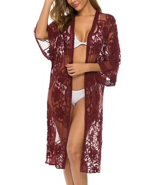 Cover-Ups Women's Swimsuit Cover Up Bikini Beach Bathing Suit Swimwear Lace Dress - Wine Red - CW193Z6Z5AK