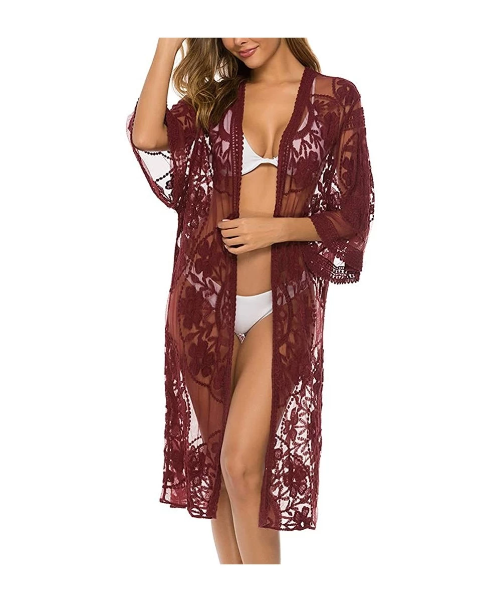 Cover-Ups Women's Swimsuit Cover Up Bikini Beach Bathing Suit Swimwear Lace Dress - Wine Red - CW193Z6Z5AK