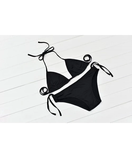 Sets Women's Two Piece Solid Color Bikini Swimsuit Thong Bikini Set - Black - CI19652DZ0Y