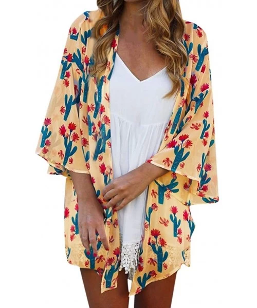 Cover-Ups Women's Kimono Floral Print Chiffon Cardigan Capes Beach Swimwear Cover Up Yellow - C818SL9CIYD