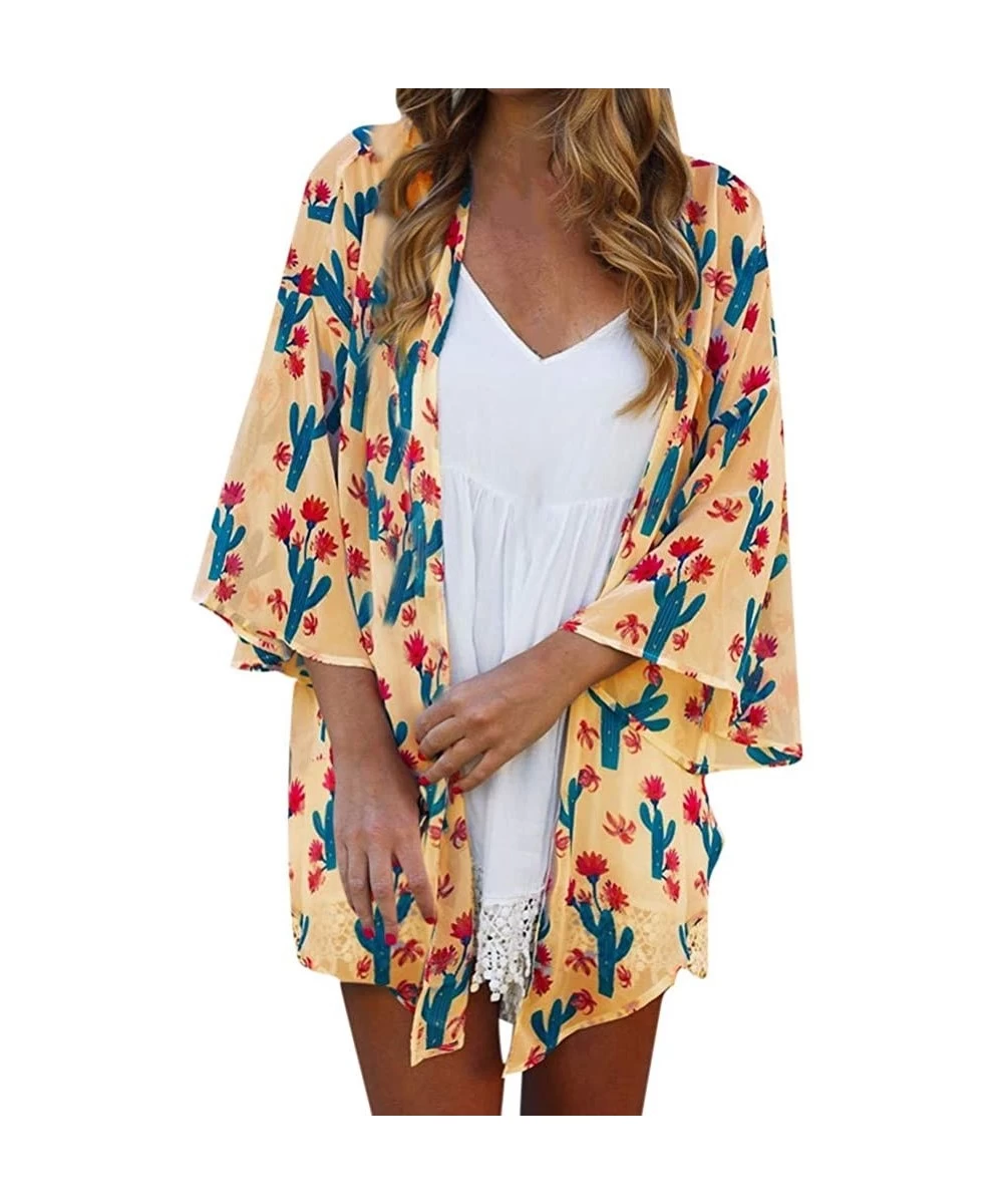 Cover-Ups Women's Kimono Floral Print Chiffon Cardigan Capes Beach Swimwear Cover Up Yellow - C818SL9CIYD