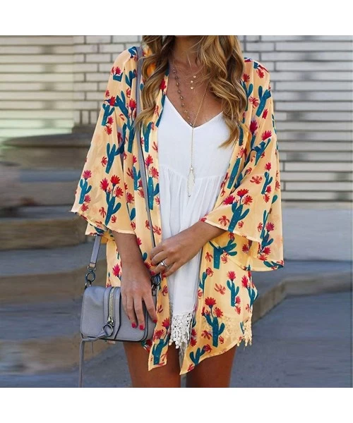 Cover-Ups Women's Kimono Floral Print Chiffon Cardigan Capes Beach Swimwear Cover Up Yellow - C818SL9CIYD