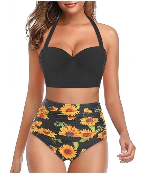 Cover-Ups Womens Two Piece Swimsuits High Waist Vintage Retro Bikini Set Sunflower Printed Bottom Bathing Suits Underwired To...