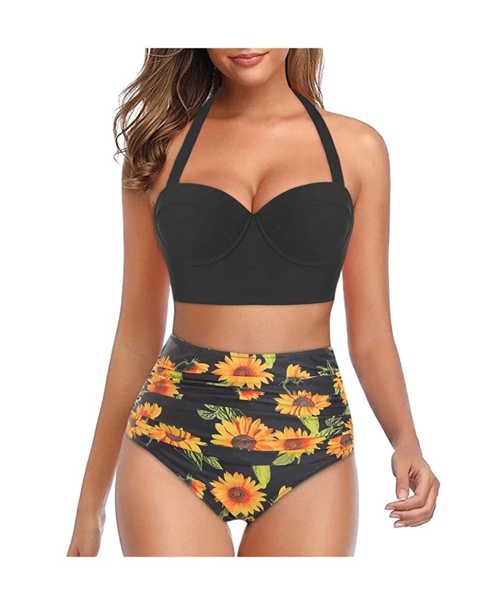 Cover-Ups Womens Two Piece Swimsuits High Waist Vintage Retro Bikini Set Sunflower Printed Bottom Bathing Suits Underwired To...