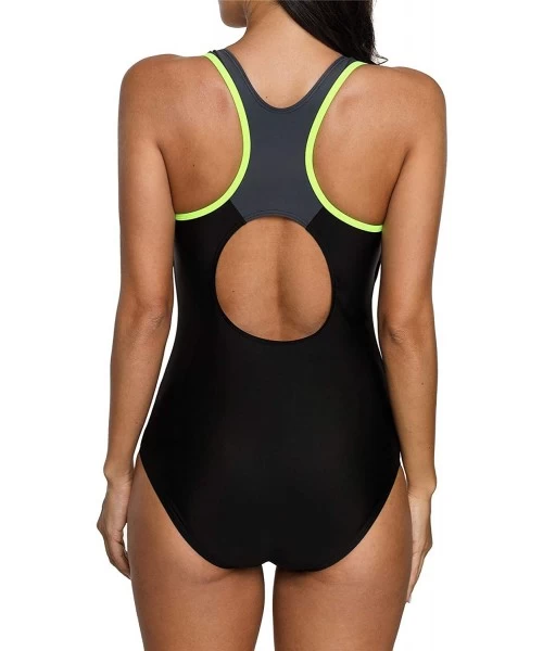 Racing Women's One Piece Athletic Racerback Swimsuit Slimming Bathing Suit - Black/Gray/Yellow - C018DK5KY99