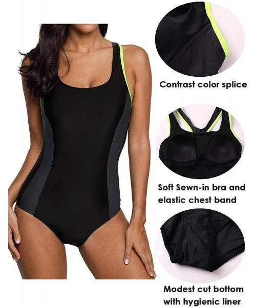 Racing Women's One Piece Athletic Racerback Swimsuit Slimming Bathing Suit - Black/Gray/Yellow - C018DK5KY99