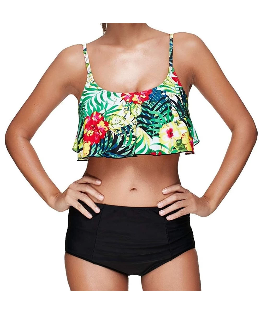 Racing Tankini Swimsuits for Women Teen Girls Bikini Bathing Suits Ruffled Flounce Top with Tummy Control Bottom Swimwear - G...