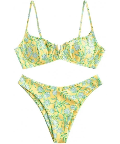 Racing Women Flower Printed High Cut V Wired Bikini Swimwear Swimsuit Beachwear - B-yellow - CJ196SA5H7T