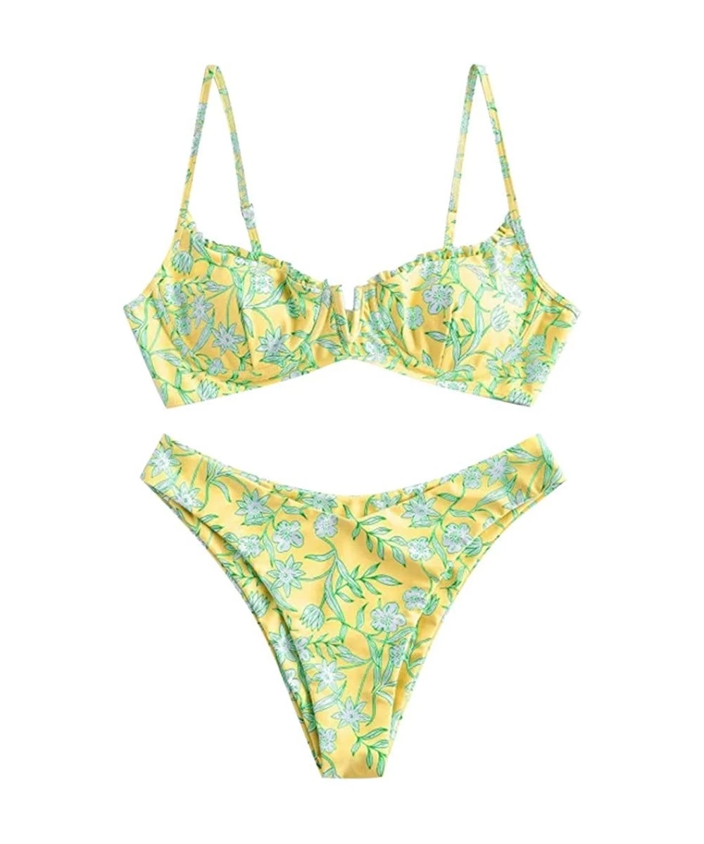 Racing Women Flower Printed High Cut V Wired Bikini Swimwear Swimsuit Beachwear - B-yellow - CJ196SA5H7T