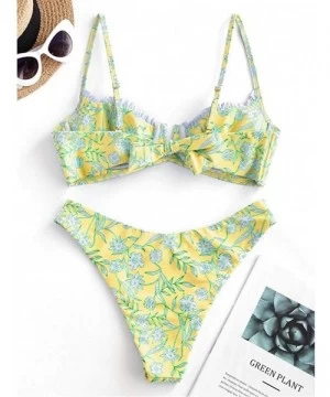 Racing Women Flower Printed High Cut V Wired Bikini Swimwear Swimsuit Beachwear - B-yellow - CJ196SA5H7T