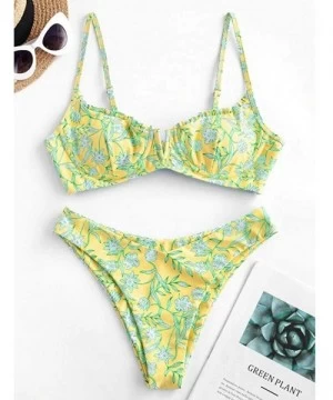 Racing Women Flower Printed High Cut V Wired Bikini Swimwear Swimsuit Beachwear - B-yellow - CJ196SA5H7T