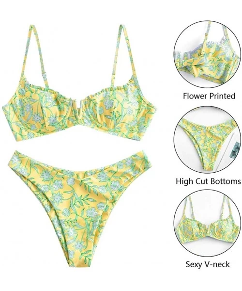 Racing Women Flower Printed High Cut V Wired Bikini Swimwear Swimsuit Beachwear - B-yellow - CJ196SA5H7T