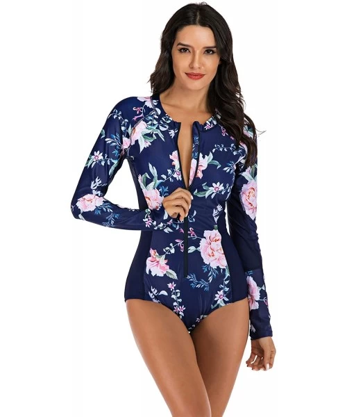 One-Pieces Women's Rashguard Long Sleeve Zip Swimsuit Print Surfing one Piece Swimwear - K-print 2 - CN18W2RDMUE