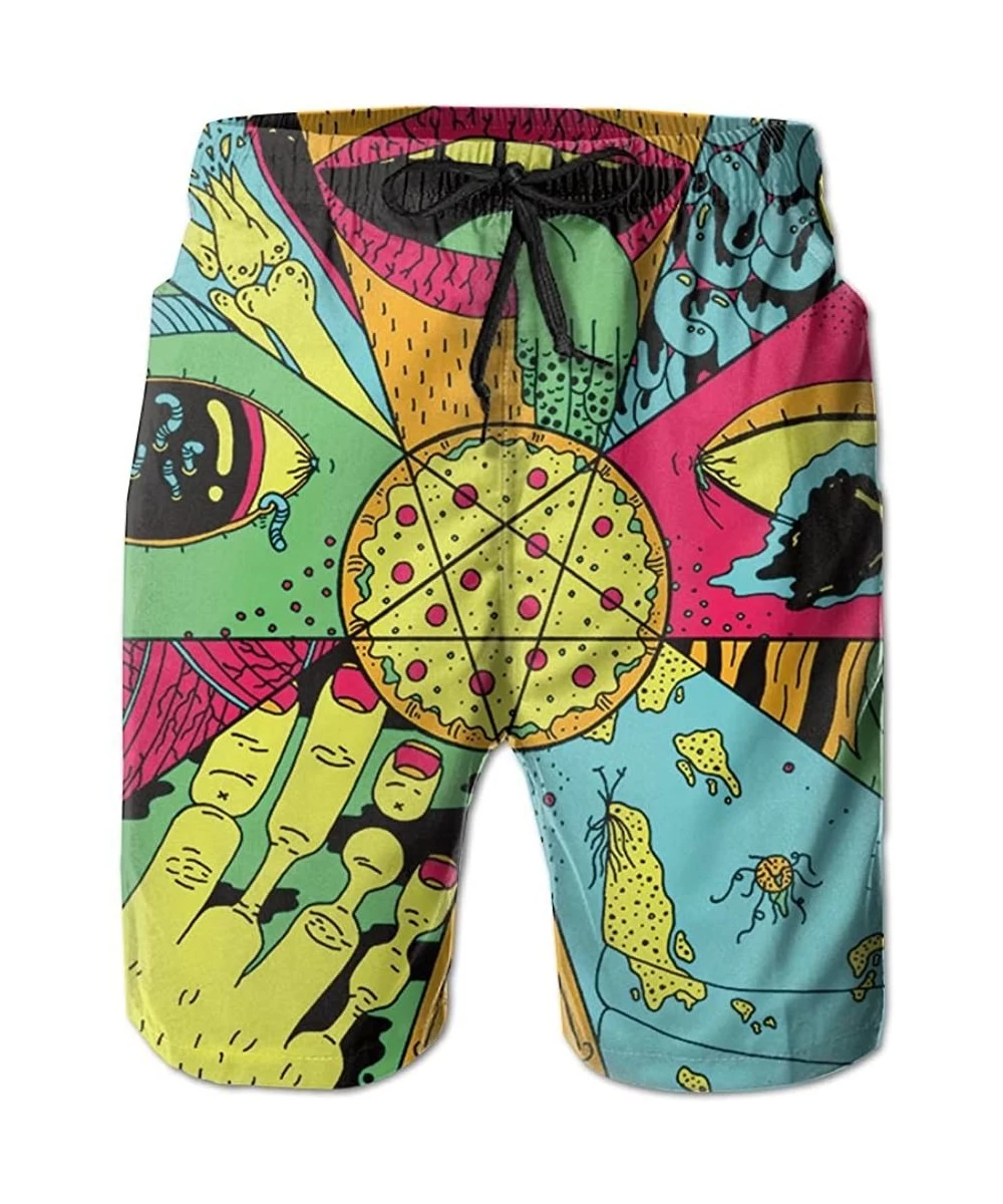 Board Shorts Trippy Alien Pizza Hexagonal Space Men Summer Beach Boardshorts - White - CB1880MD4RC