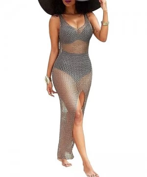 Cover-Ups Women's Summer Beach Sunscreen Net Cover Ups Hollow Out High Slit Beach Dress - Brown - C71857AU7C9